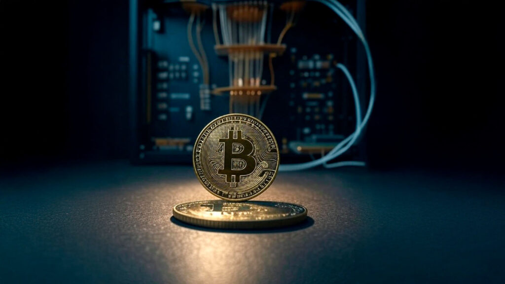 bitcoin vs computador quântico em uma sala escura